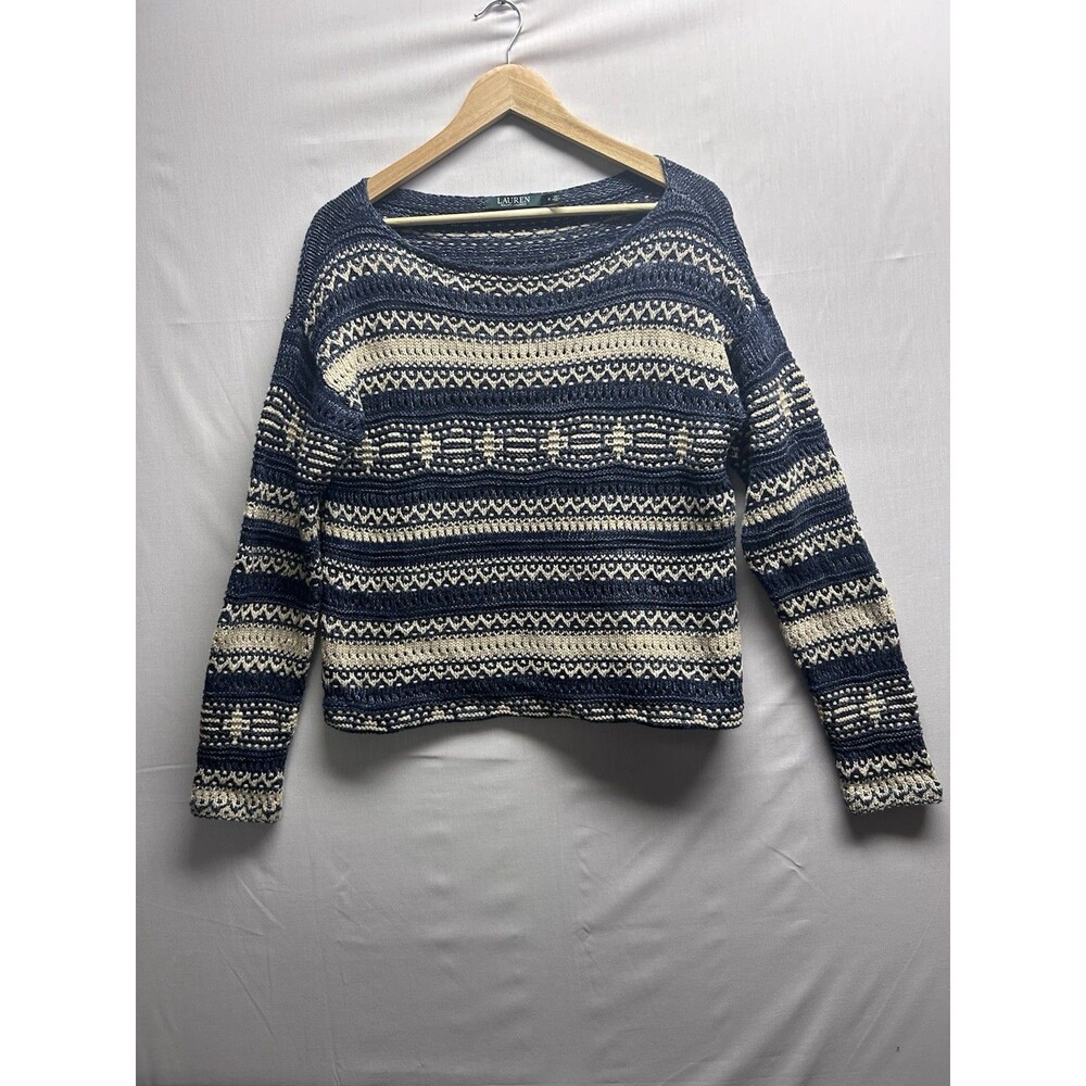 Lauren Ralph Lauren Women’s Medium Indigo Multi Stripe Knit Sweater Cottagecore